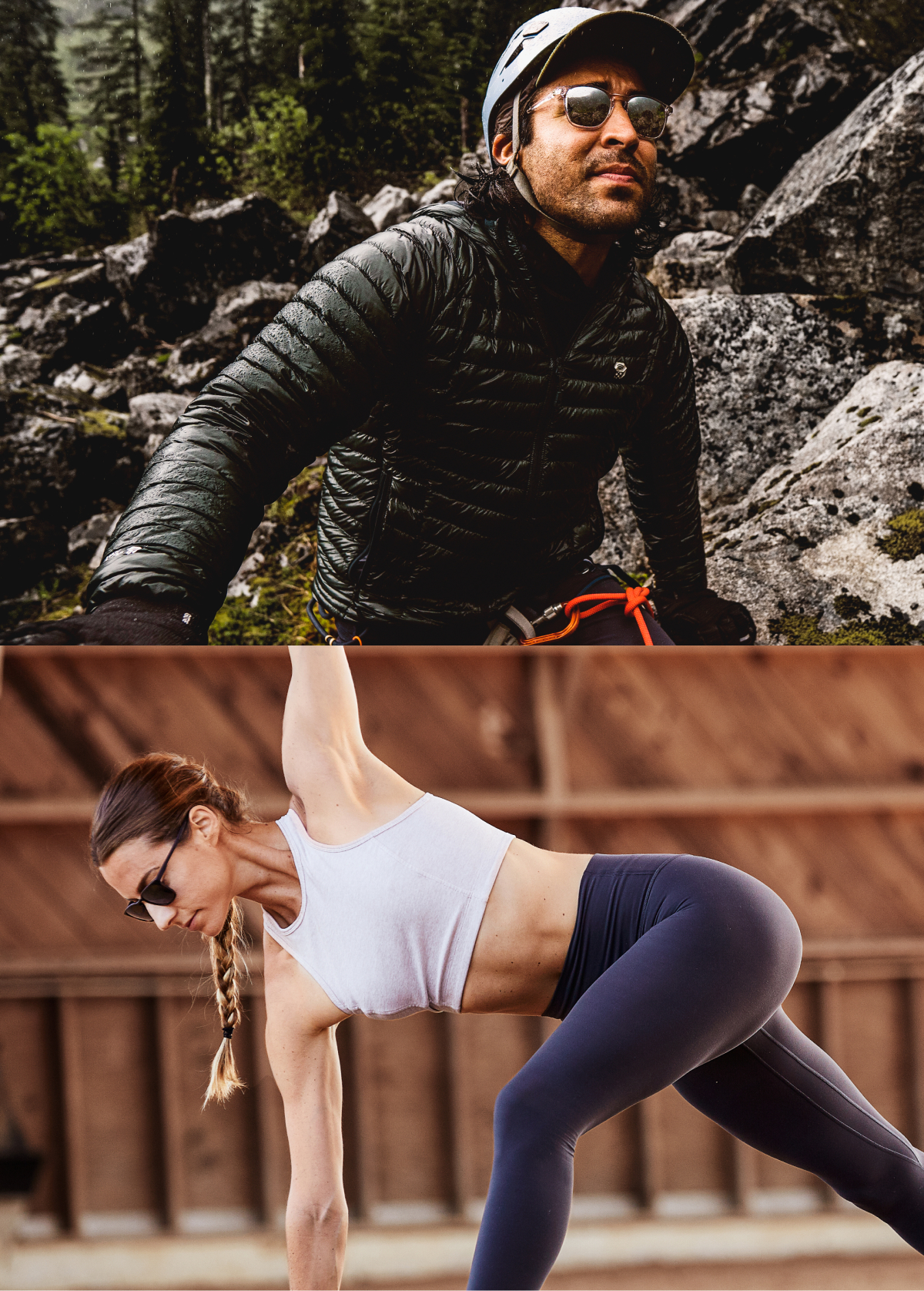 Man wearing Hunter sunglasses; woman doing yoga wearing Hunter sunglasses