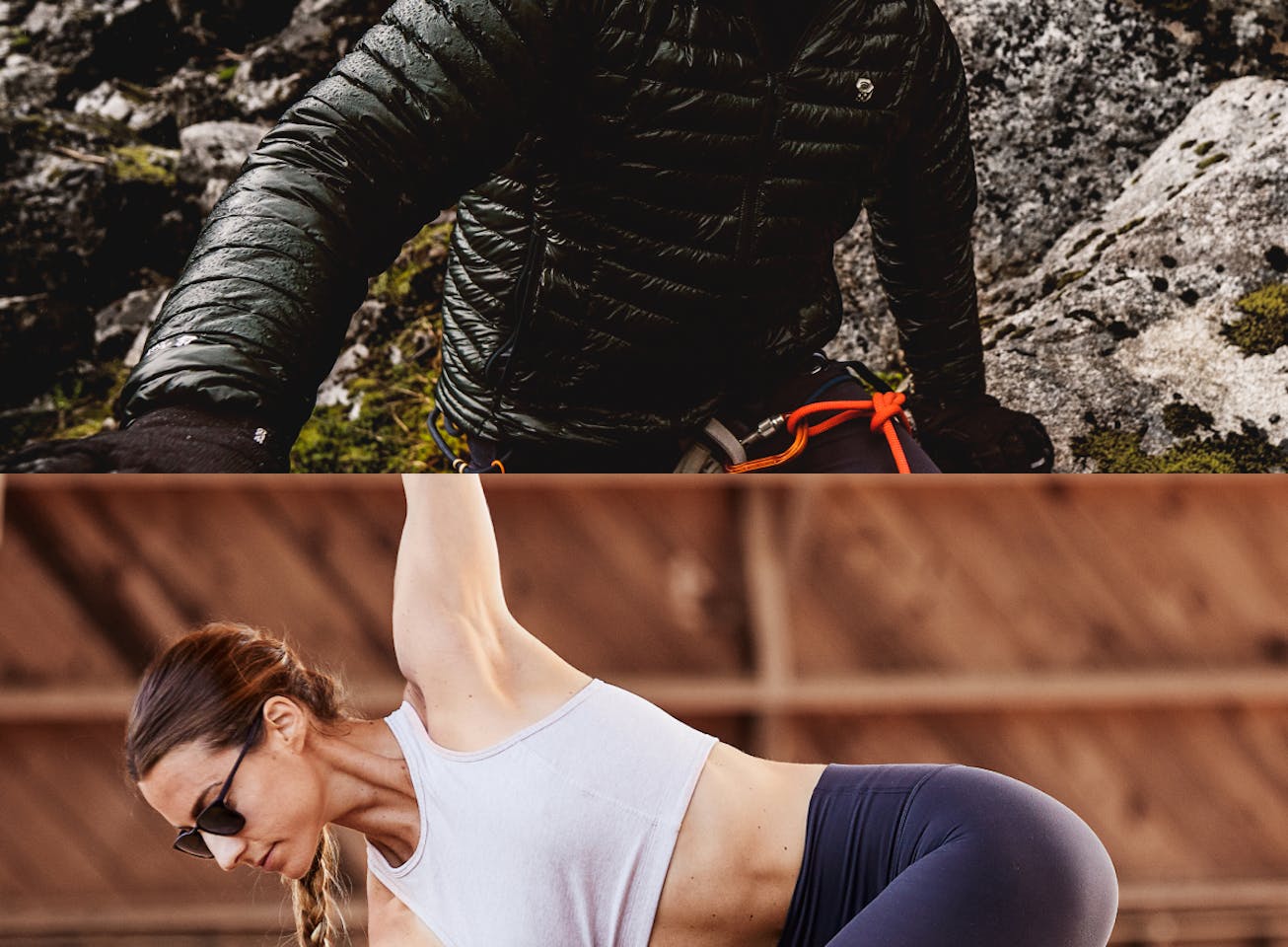 Man on bicycle in the wood and a woman doing yoga wearing Hunter sunglasses