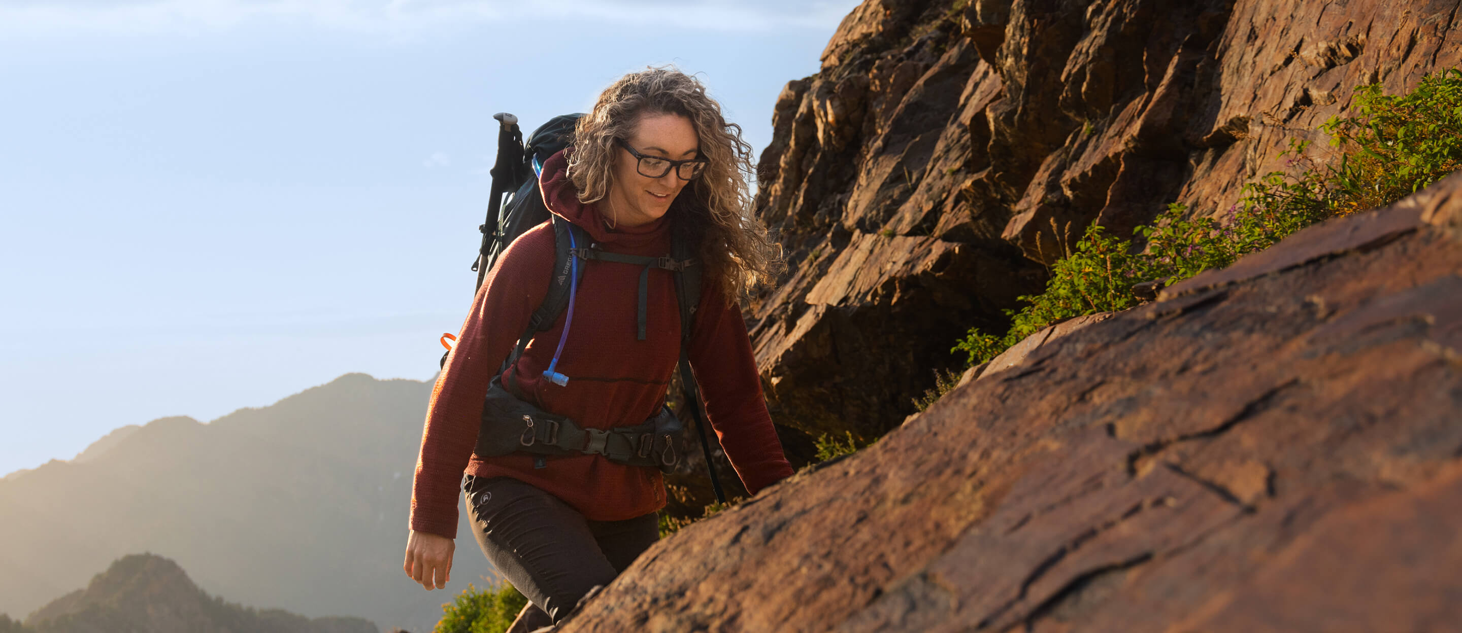 Woman hiking wearing Braker eyeglasses