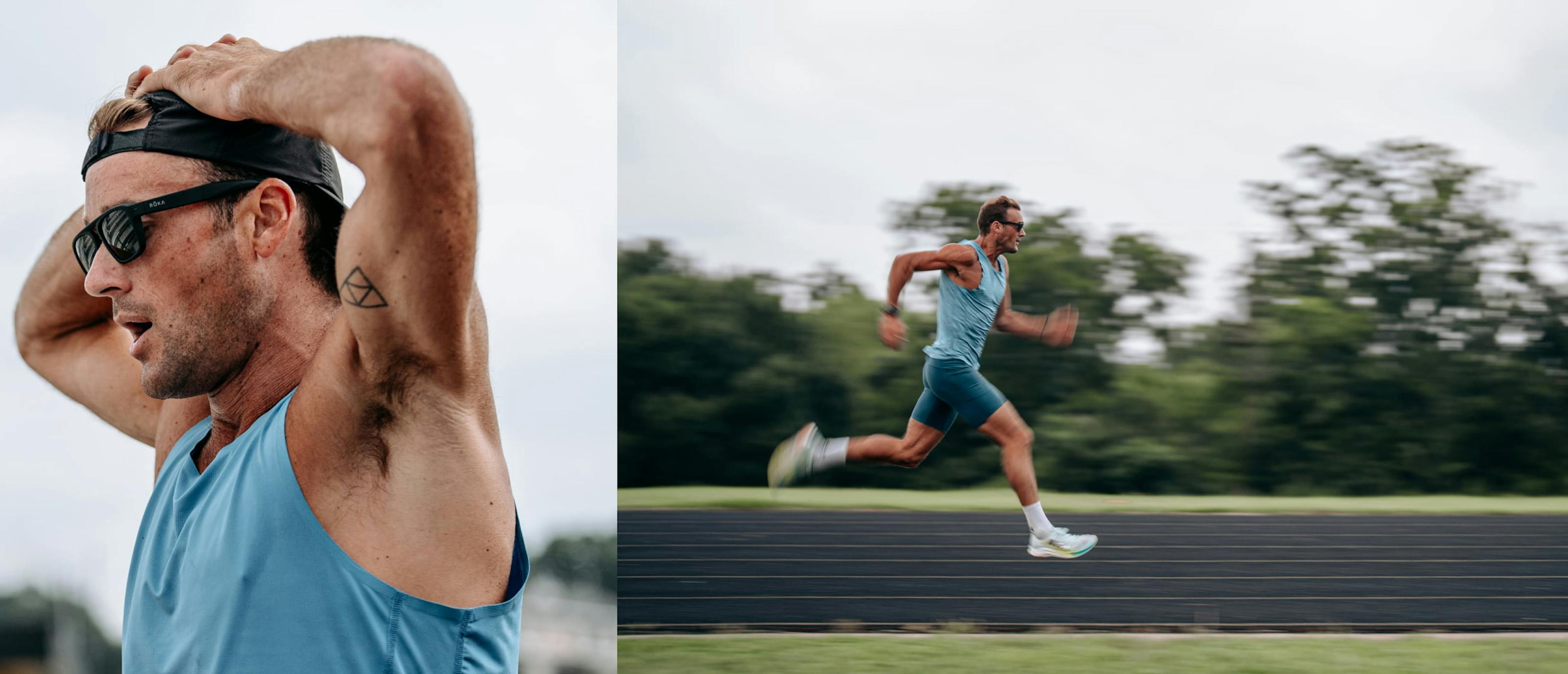Man running on track wearing Estacado Sunglasses