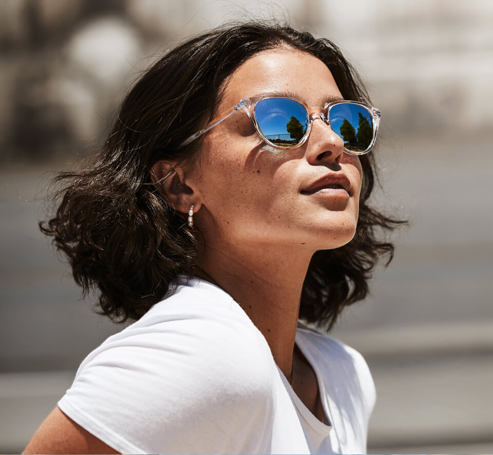 Woman in white top wearing Lola sunglasses