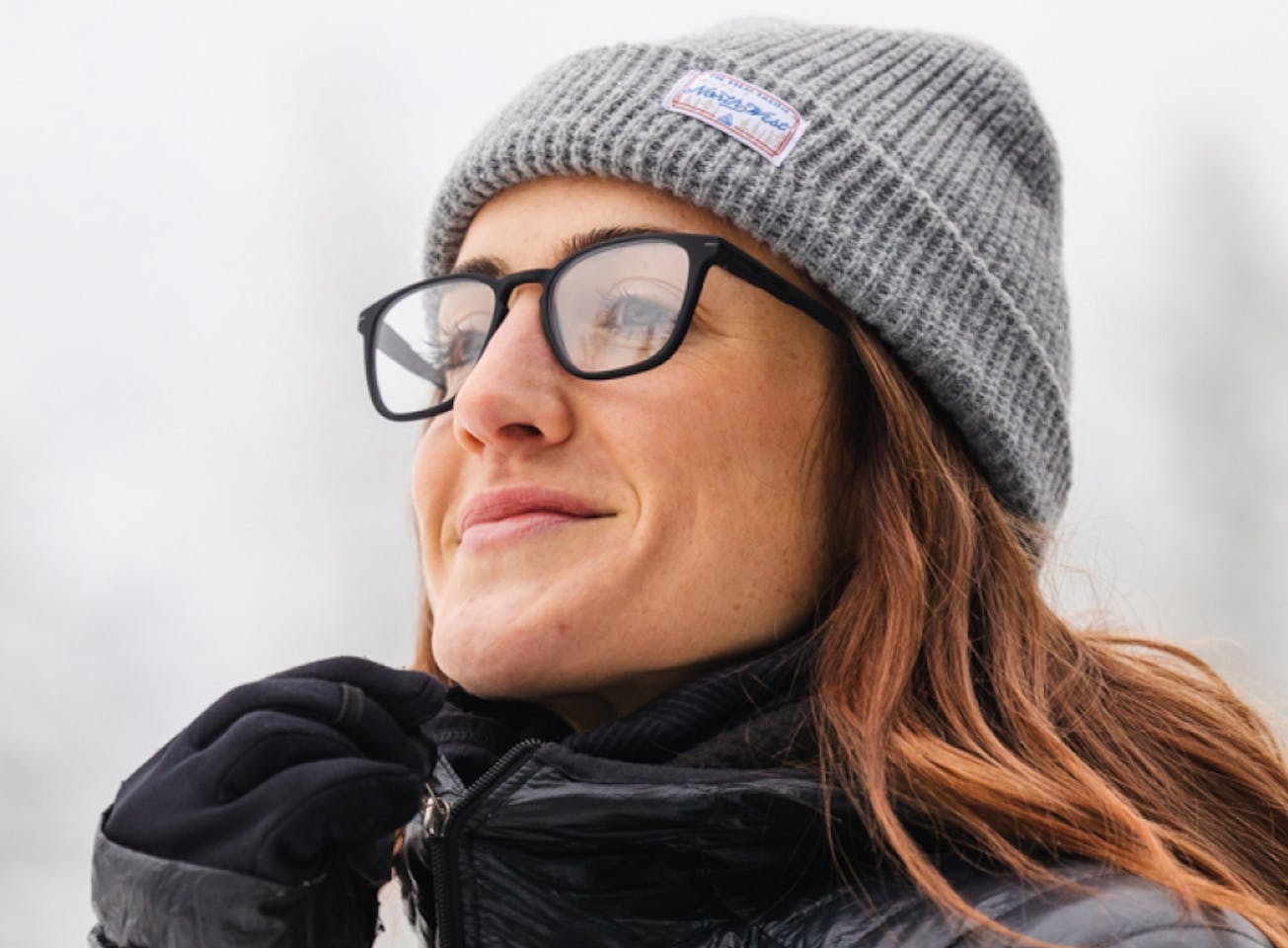 Woman in grey beanie wearing Hunter 2.0 eyeglasses