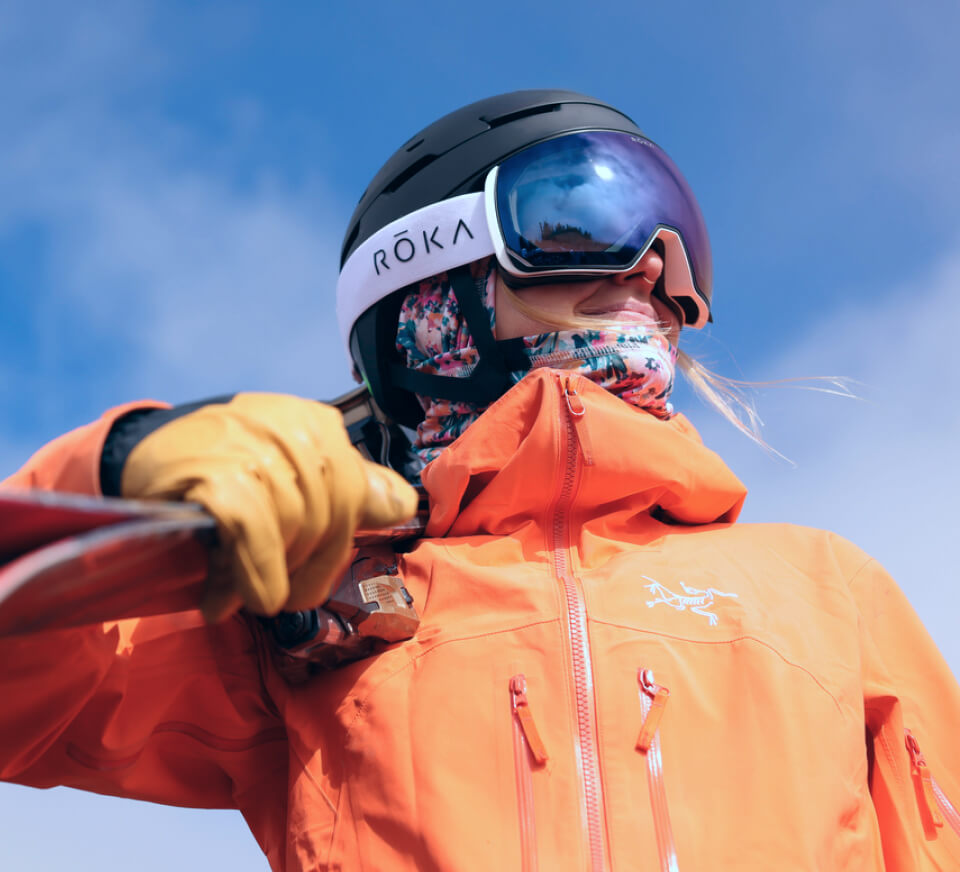 Woman wearing Bridger snow goggles