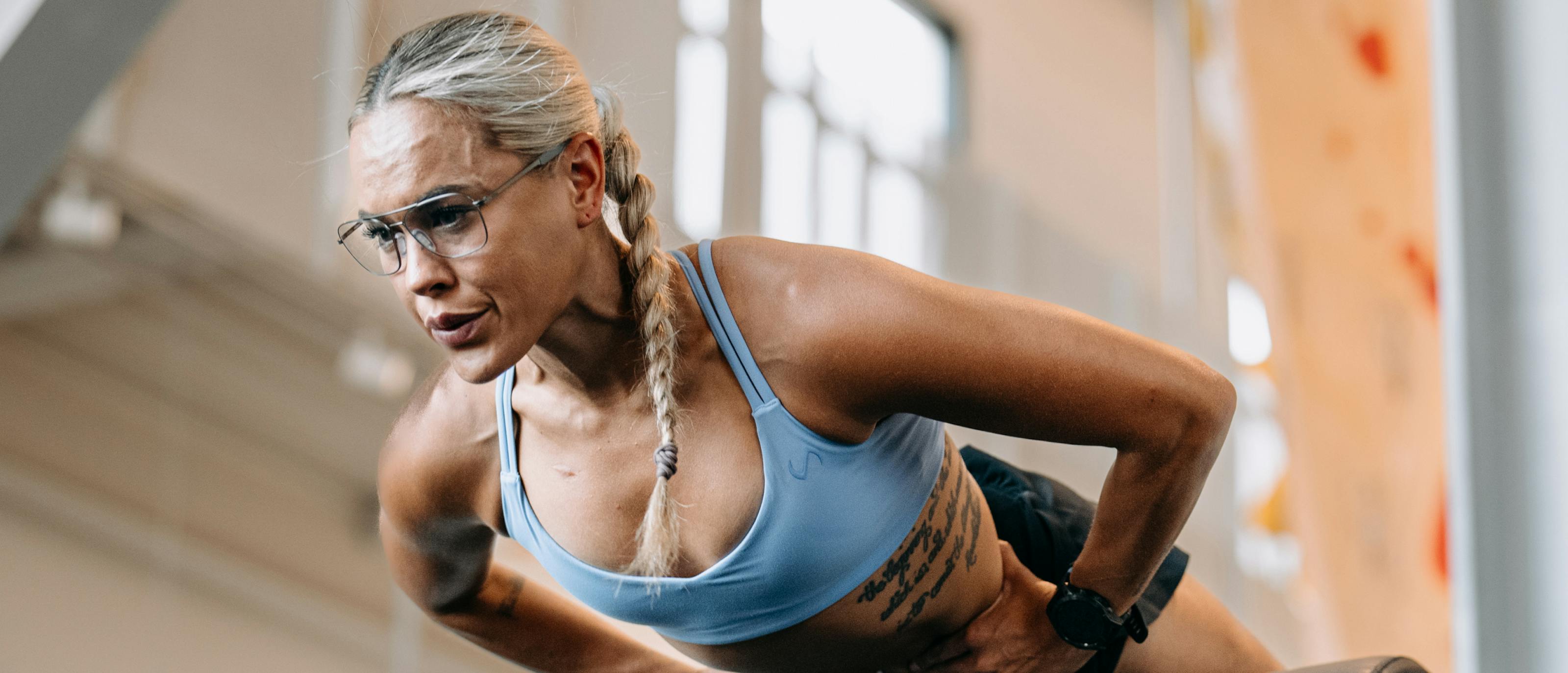 Woman stretching in Falcon Eyeglasses