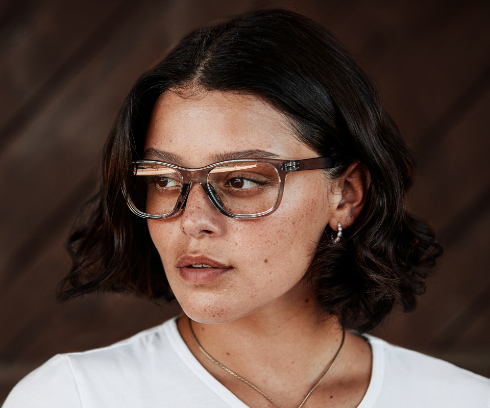 Woman wearing Zilker eyeglasses