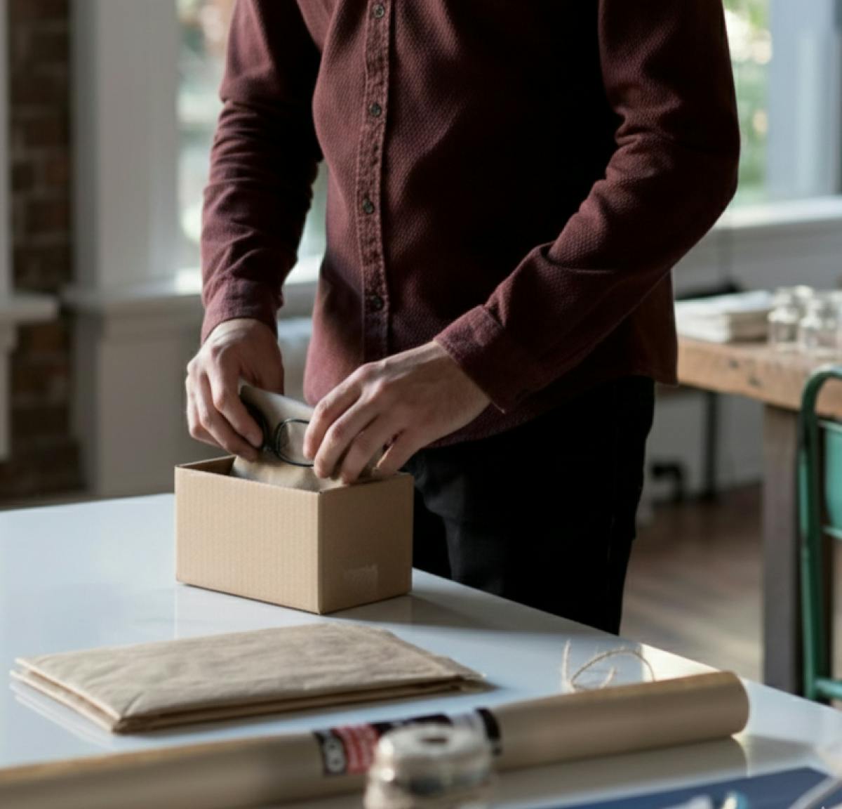 Man putting glasses in box