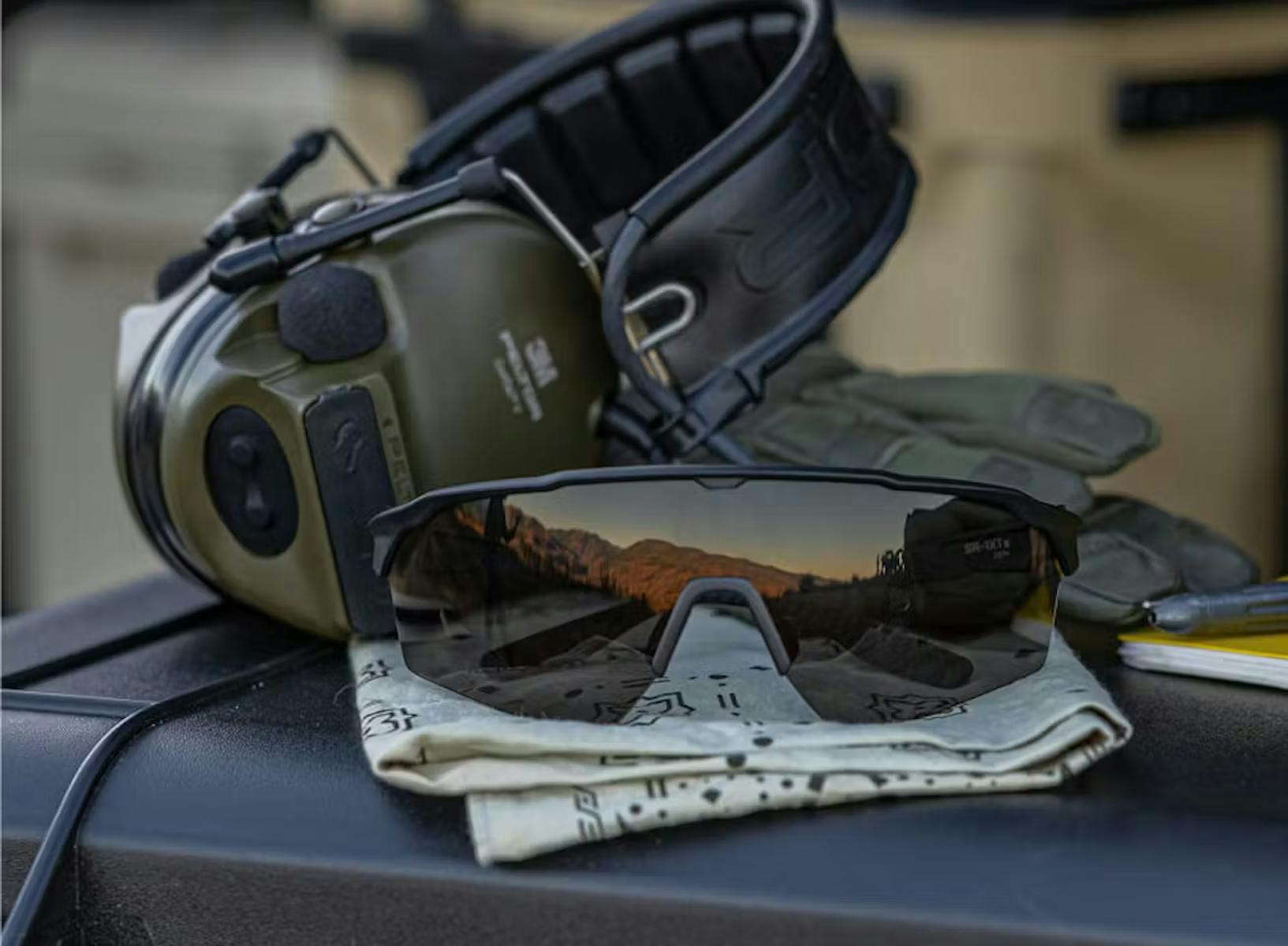 Protective glasses and ear protection.