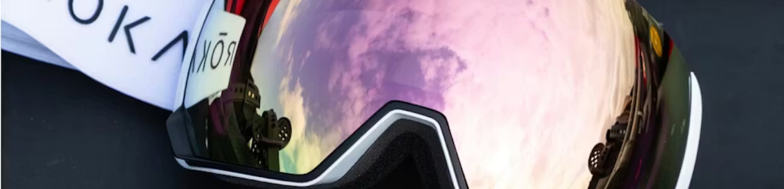 Close up of Bridger goggles with a white strap