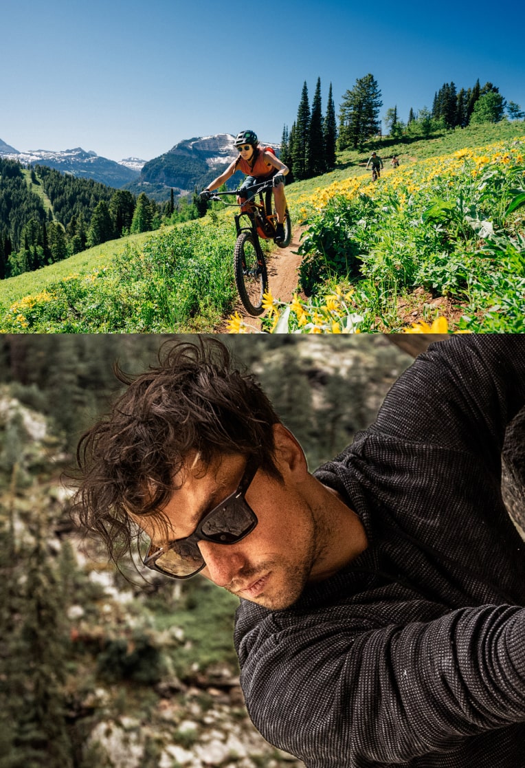 Woman mountain biking wearing Lockhart sunglasses